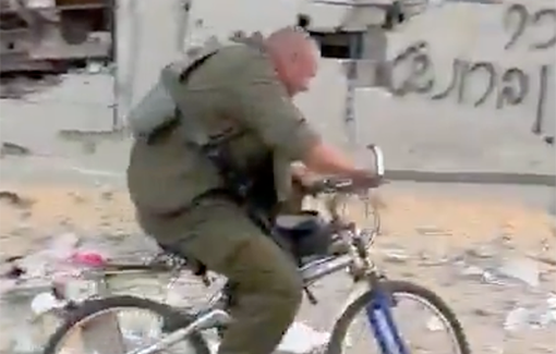 Thumbnail preview image for the video titled: IDF sodliers riding stolen bicycles from Palestinian children homes