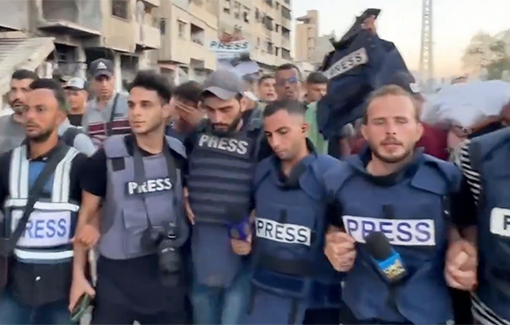 Thumbnail preview image for the video titled: Journalists lead funeral procession of Ismail Alghoul and Rami Al-Rifi