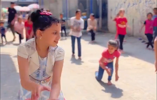 Thumbnail preview image for the video titled: Children performing Dabke to بلدي يا بلدي غزه in Nuseirat Refugee Camp