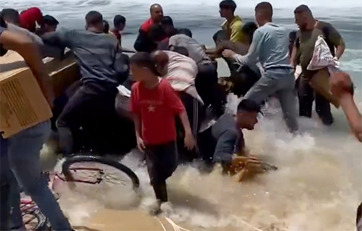 Thumbnail preview image for the video titled: Several people drowned attempting to retrieve food aid dropped in the ocean off Gaza Beach