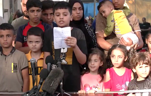 Thumbnail preview image for the video titled: Children hold a press conference, in English, outside Al Shifa Hospital; beg  world to care