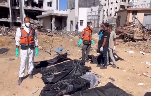 Thumbnail preview image for the video titled: Third mass grave discovered at Al Shifa Hospital, bodies are recovered