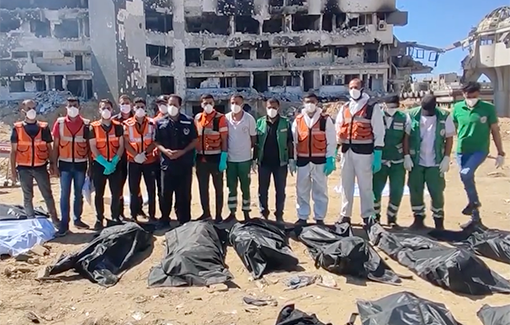 Thumbnail preview image for the video titled: The second time (at least) that the Ministry of Health in Gaza holds a press conference in front of piles of bodies