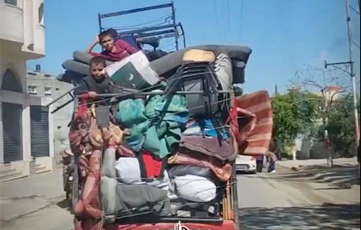 Thumbnail preview image for the video titled: Displaced family fleeing Rafah with all their belongings in the back of a truck