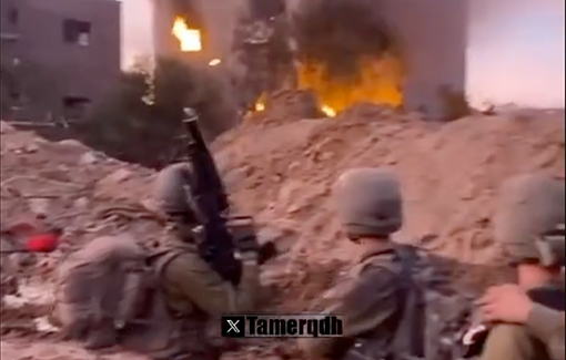 Thumbnail preview image for the video titled: IDF soldiers enjoy the spectacle of burning homes before withdrawing from the area