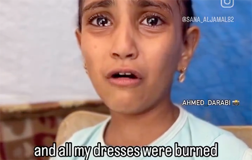 Thumbnail preview image for the video titled: Displaced six year old girl wishes Israel hadn't bombed her home so she could wear her dress for Eid