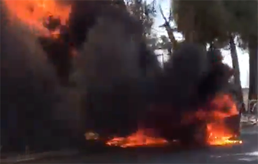 Thumbnail preview image for the video titled: Cars burning in the aftermath of settler pogrom against the village of Burin in the West Bank