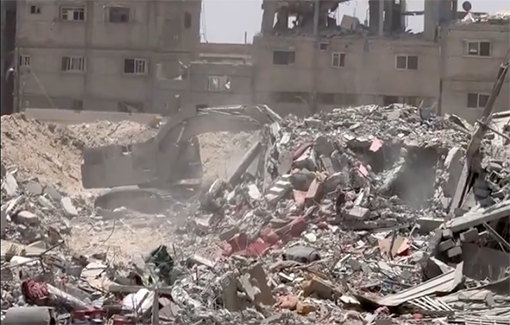 Thumbnail preview image for the video titled: An IDF soldier operating a Hyundai Excavator destroys homes in Rafah, along the border with Egypt