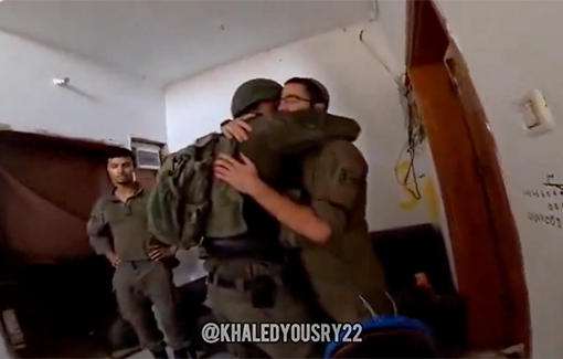 Thumbnail preview image for the video titled: A father and son, both in the IDF, reunite at the home of a displaced Palestinian family