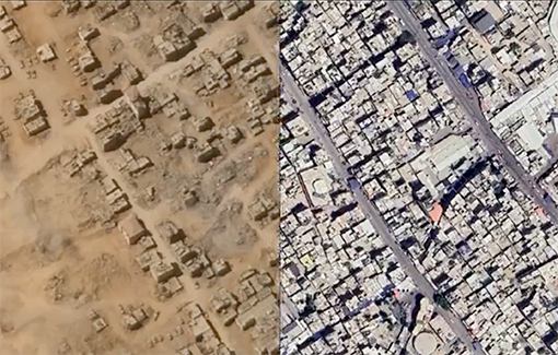 Thumbnail preview image for the video titled: Aerial imagery from before and after the IDF entered the Yabna area of Rafah shows complete destruction