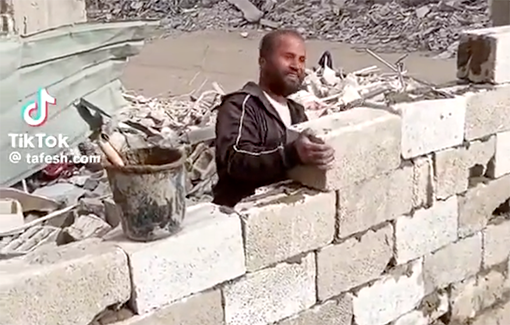 Thumbnail preview image for the video titled: A resident of Khan Younis proudly invests in the cement to rebuild his home, which Israel destroyed