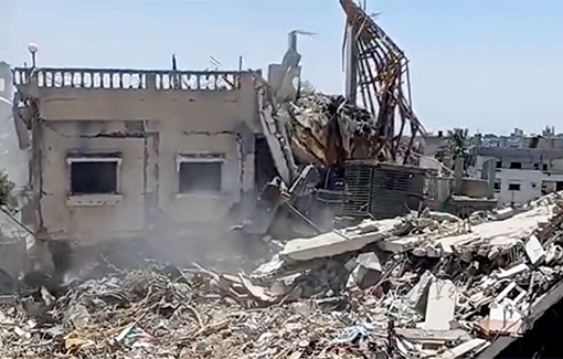 Thumbnail preview image for the video titled: An armored D9 bulldozer destroys homes in Rafah; operator posts video of it to TikTok