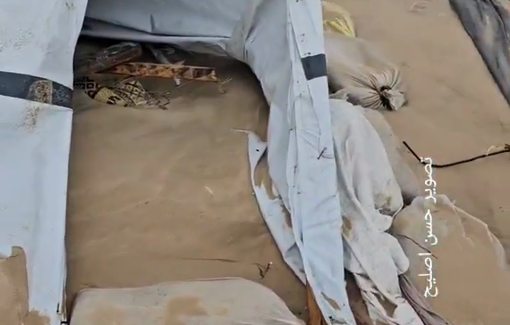 Thumbnail preview image for the video titled: Displacement tents in Al-Mawasi destroyed by high tide and strong winds