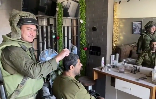 Thumbnail preview image for the video titled: Footage of IDF joking around in a Palestinian barbershop