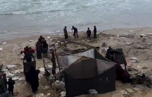 Thumbnail preview image for the video titled: 12,000 tents of displaced people swept away by the tide in southern Gaza