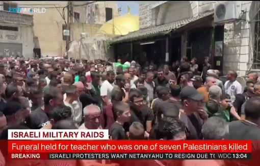 Thumbnail preview image for the video titled: Palestinians hold funeral for teacher, one of seven killed by Israeli forces in deadly raid on Jenin