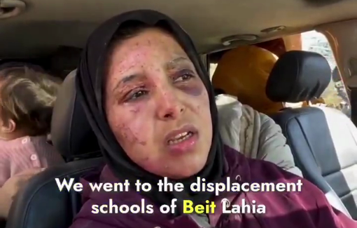 Thumbnail preview image for the video titled: Displaced woman recounts that Israeli forces relentlessly struck Beit Lahia schools