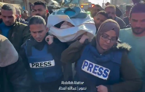 Thumbnail preview image for the video titled: Journalist Safinaz Al-Louh and colleagues lead funeral procession of Ahmad Al-Louh