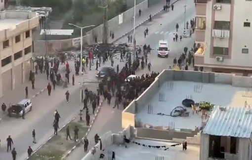 Thumbnail preview image for the video titled: Ambulance arrives to the scene of an Israeli airstrike near Al-Tabi'in school