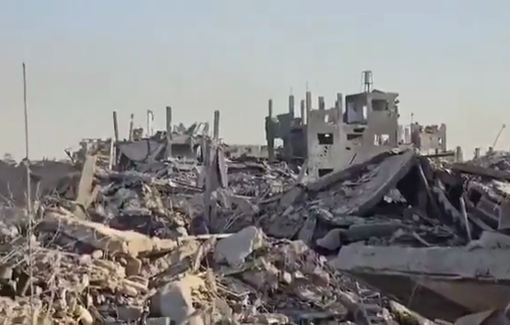 Thumbnail preview image for the video titled: Israeli flag raised over the rubble of Al-Khulafaa area in Jabalia