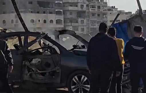 Thumbnail preview image for the video titled: Israeli drone strikes a car on Al-Jalaa Street gruesomely killing 4 Palestinians