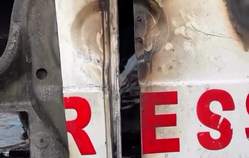 Thumbnail preview image for the video titled: Wreckage of press van bombed by Israel at Al-Awda Hospital