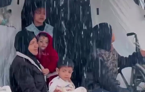 Thumbnail preview image for the video titled: Anguished mother sits outside her flooded tent with her children