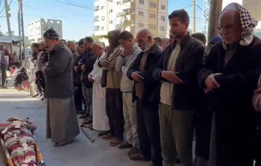 Thumbnail preview image for the video titled: Funeral prayer for young man killed by Israeli artillery shelling of a car