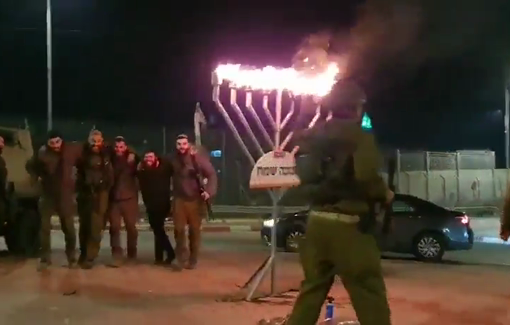 Thumbnail preview image for the video titled: Israeli soldiers provocatively danced and lit the menorah in Azzun, east of Qalqilya