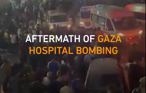 Thumbnail preview image for the video titled: Crowds gather outside after an Israeli air strike caused carnage at the al-Ahli al-Arab hospital