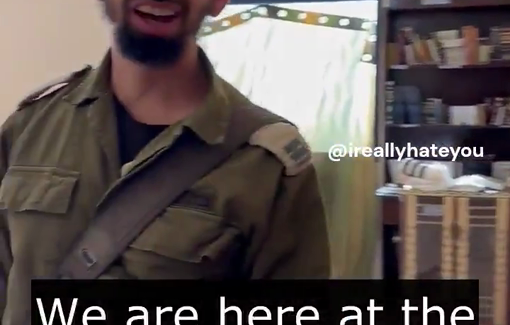 Thumbnail preview image for the video titled: Israeli soldier turning a Palestinian home into a synagogue for their prayers in Gaza