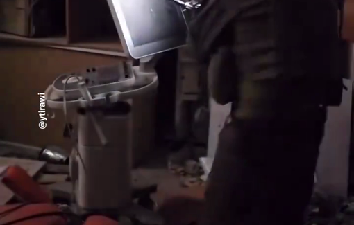 Thumbnail preview image for the video titled: An Israeli soldier smashing an ultrasound machine at Gaza’s only Cancer Hospital