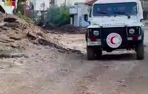 Thumbnail preview image for the video titled: In besieged Jenin, Palestine Red Crescent teams evacuating trapped patients and elderly individuals