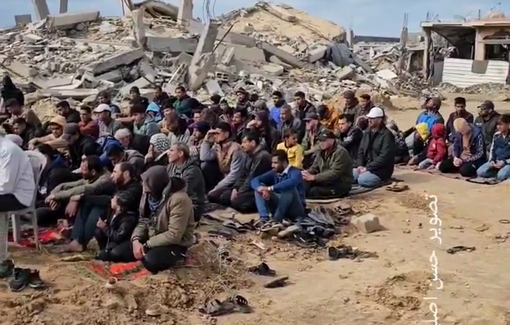 Thumbnail preview image for the video titled: Friday sermon and prayer over the ruins of destroyed mosque in Al-Zanna