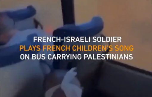 Thumbnail preview image for the video titled: French-Israeli soldier films herself playing "Le poussin Piou" for blindfolded palestinian detainees on bus