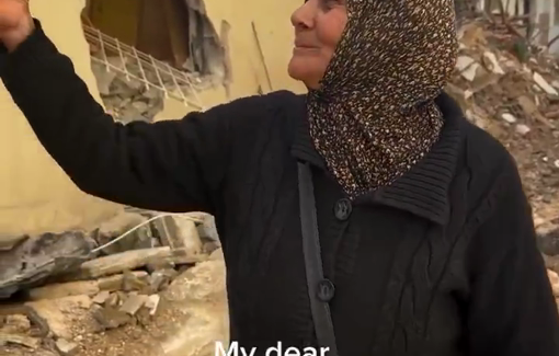 Thumbnail preview image for the video titled: A Palestinian resident of Jenin drinks coffee from a Sumud cup amid the ruins caused by the Israeli army