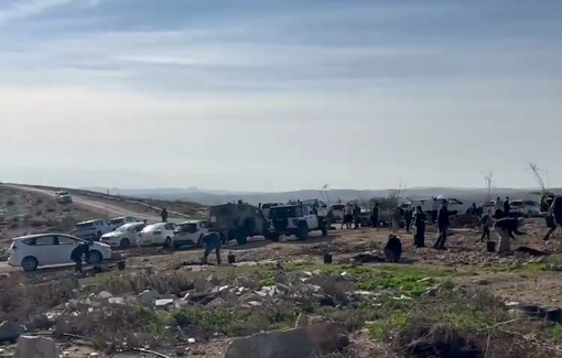 Thumbnail preview image for the video titled: Dozens of settlers gathered inside the village of Umm al-Kheir and began planting trees and raising Israeli flags