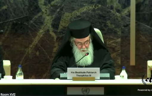 Thumbnail preview image for the video titled: Patriarch Theophilos III of Jerusalem and All Palestine delivers UN keynote on Israeli persecution of Christians