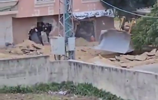 Thumbnail preview image for the video titled: Israeli bulldozer destroying the shops in the town of Yamoun, south of Jenin