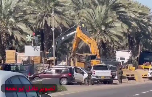 Thumbnail preview image for the video titled: Israeli bulldozers demolish a date factory and a shop belonging to Palestinians near Al-Zubeidat village, north of Jericho