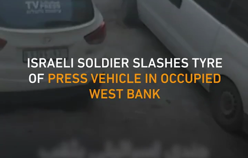 Thumbnail preview image for the video titled: IDF slashing tyre of press vehicle in Al-Khalil/Hebron