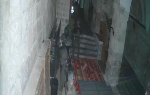 Thumbnail preview image for the video titled: Israeli soldiers desecrate thousand year-old mosque before torching it