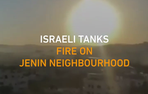 Thumbnail preview image for the video titled: Israeli army tanks are heard firing heavy machine gunfire in Jenin