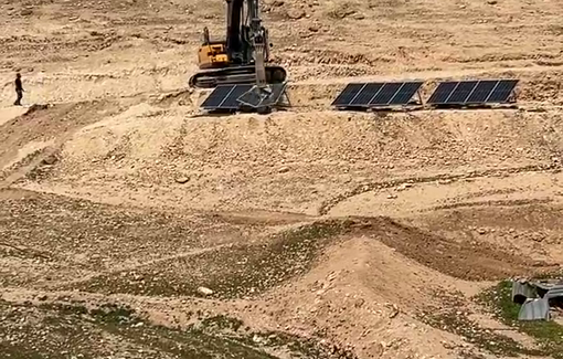 Thumbnail preview image for the video titled: IDF using an excavator to destroy solar panels near Jericho