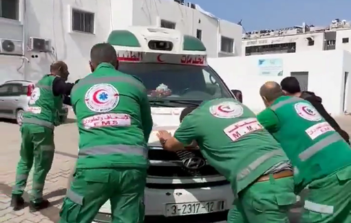 Thumbnail preview image for the video titled: Paramedics push the only remaining ambulance in North Gaza