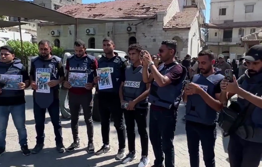 Thumbnail preview image for the video titled: Gaza journalists protest the murder of Ismail Alghoul and Rami al-Rifi