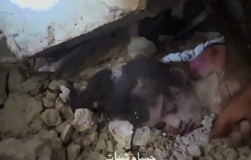 Thumbnail preview image for the video titled: Little girl killed in parents arms under the rubble of Al-Nasr school