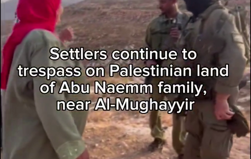 Thumbnail preview image for the video titled: Israeli ettlers and army continue to trespass on the Palestinian land of Abu Naemm family, near the village of Al-Mughayyir