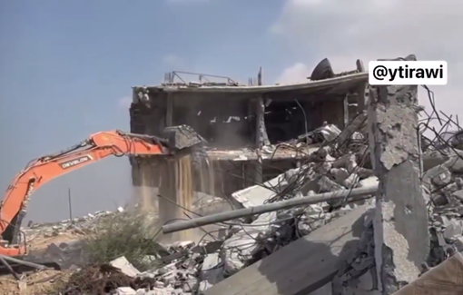 Thumbnail preview image for the video titled: Israeli civil contractors hired by the IDF continue demolishing homes north of Rafah during the ceasefire