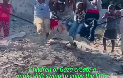 Thumbnail preview image for the video titled: Palestinian children  created a makeshift swing from collapsed power lines